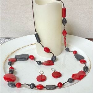 Red and Grey Acrylic Necklace with Matching Earrings